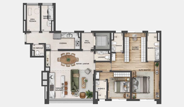 Planta de 133 m² - cozinha fechada