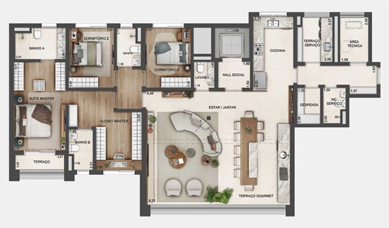 Planta de 180 m² - 3 dormitórios