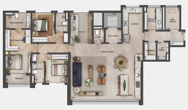 Planta de 180 m² - 3 suítes