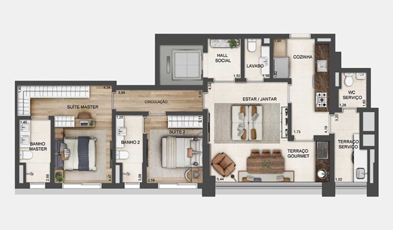 Planta de 98 m² - 2 suítes